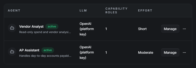 Two agents in one app, each showing its assigned role and status