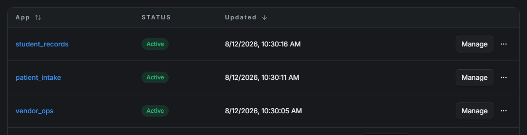The Apps list showing several provisioned apps with their status