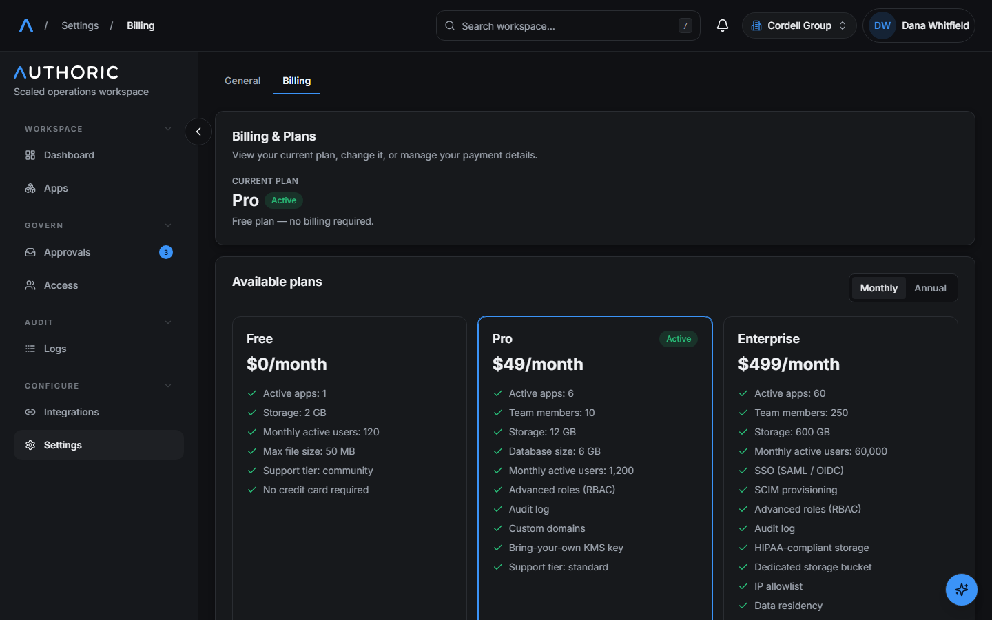 The billing page showing the current plan, its limits, and usage against them