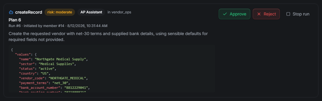 A paused run showing the tool name, its risk level, the agent, and the full arguments of the call it is waiting to make