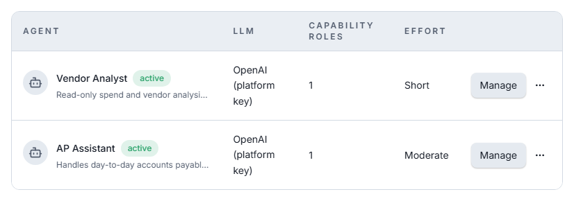 Two agents in one app, each showing its assigned role and status