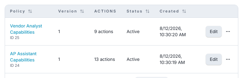 An app's policies, each listing how many actions it grants and whether it is active
