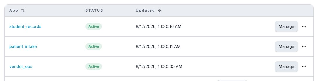 The Apps list showing several provisioned apps with their status
