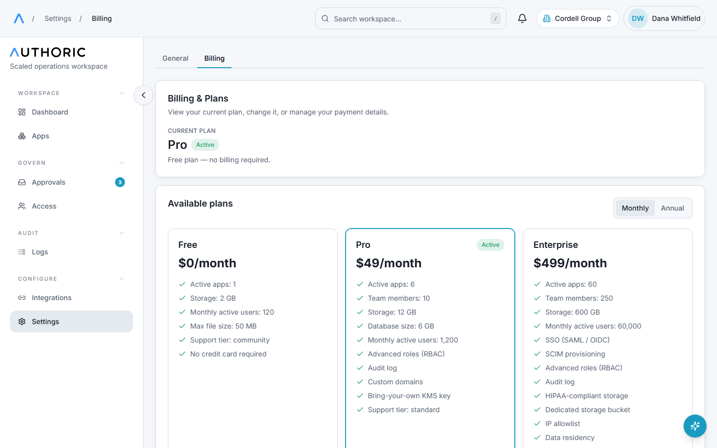 The billing page showing the current plan, its limits, and usage against them