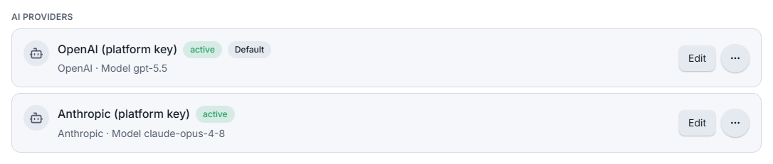 Connected AI providers listed under Integrations, showing OpenAI and Anthropic connections